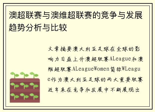 澳超联赛与澳维超联赛的竞争与发展趋势分析与比较