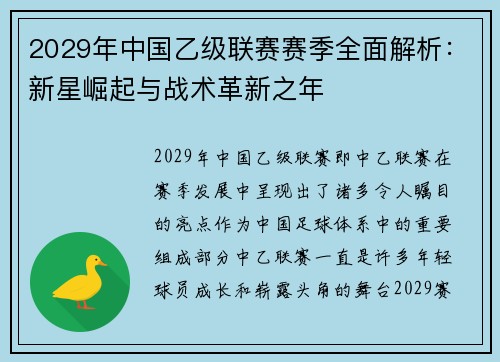 2029年中国乙级联赛赛季全面解析：新星崛起与战术革新之年