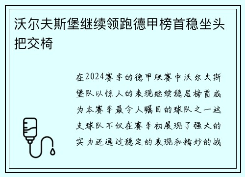 沃尔夫斯堡继续领跑德甲榜首稳坐头把交椅